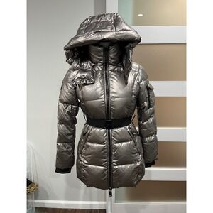 SAM. NEW YORK Metallic Puffer Coat Belted Hooded Down KID Size 12 or Women XXS